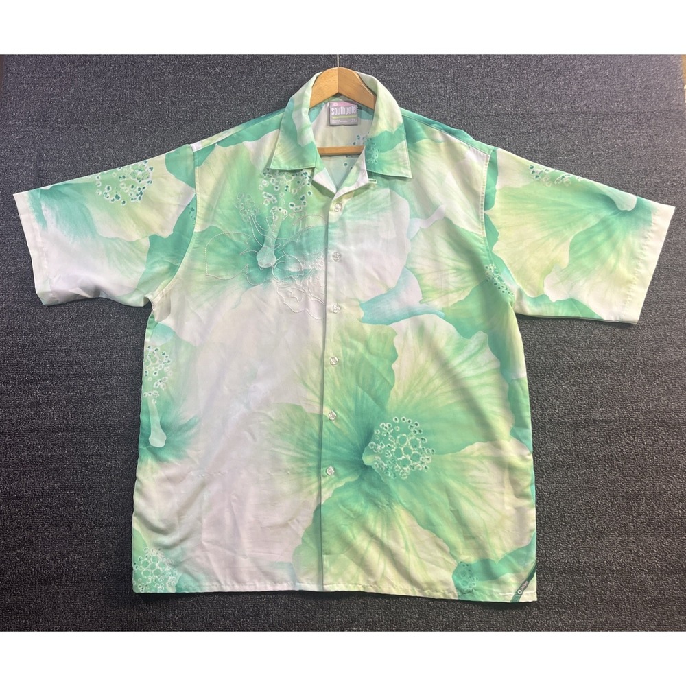 Southpole Mens XL Green Hibiscus Floral Button Down Shirt Short Sleeve Y2K Print